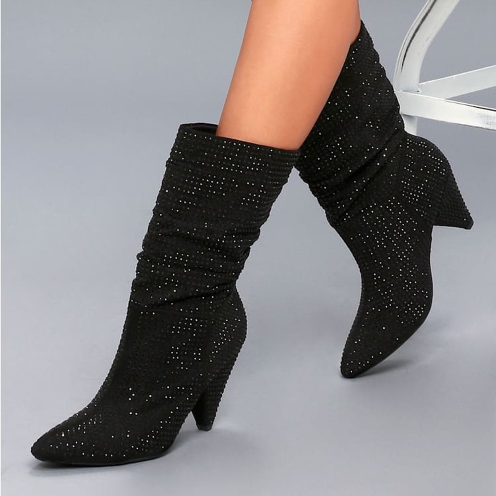Black Embellished Mid-Calf Heeled Boots - Women's